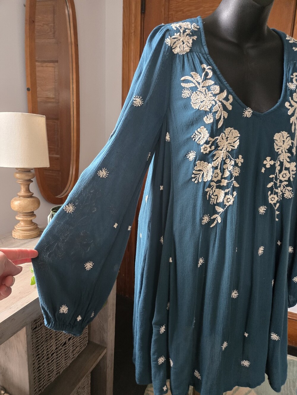 Free People Sweet Tennessee Teal Floral Embroidered Bell-sleeve Babydoll Small - Picture 3 of 7